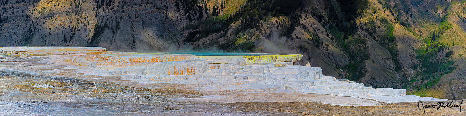 Things Change Canary yellow filamentous bacteria lines the top of the travertine terraces of Canary Spring & the turquoise waters of the thermal pool in Mammoth Hot Springs.