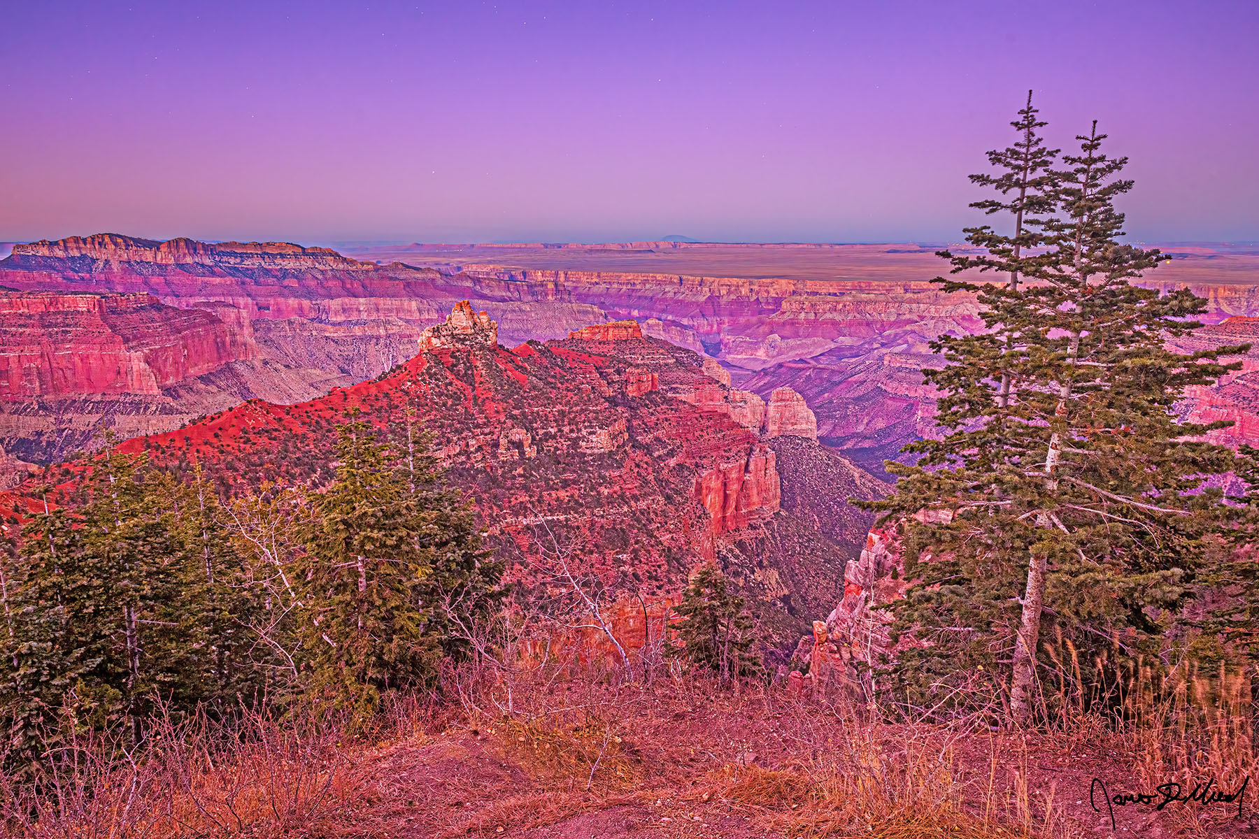 Canyon Magic - Alpenglow Sunset over Vista Encantada, Brady Peak, Saddle Mountain and Grand Canyon After sunset, the stars begin to come out as afterglow during Nautical Twilight illuminates the skies over Brady Peak and Hancock Butte along the North Rim