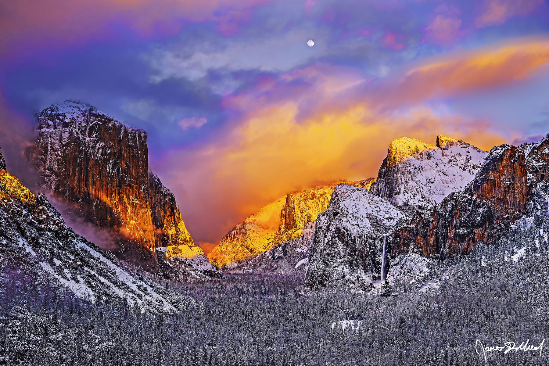 Heaven’s Light Full Moon rises as sunset lights the snow covered granite cliffs of Yosemite Valley. Fog begins to cloak the lower portions of El Capitan as the pink and yellow