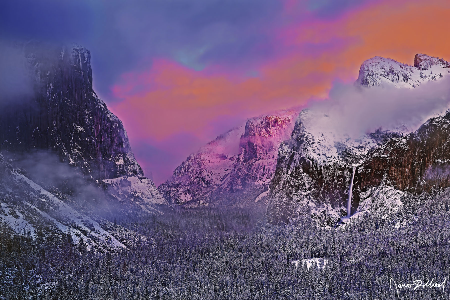 Fairyland Sunset illuminates the top of snowy Cathedral Rocks gold. Fog cloaks El Capitan as Bridalveil Fall tumbles over the cliffs towards the snow covered valley.