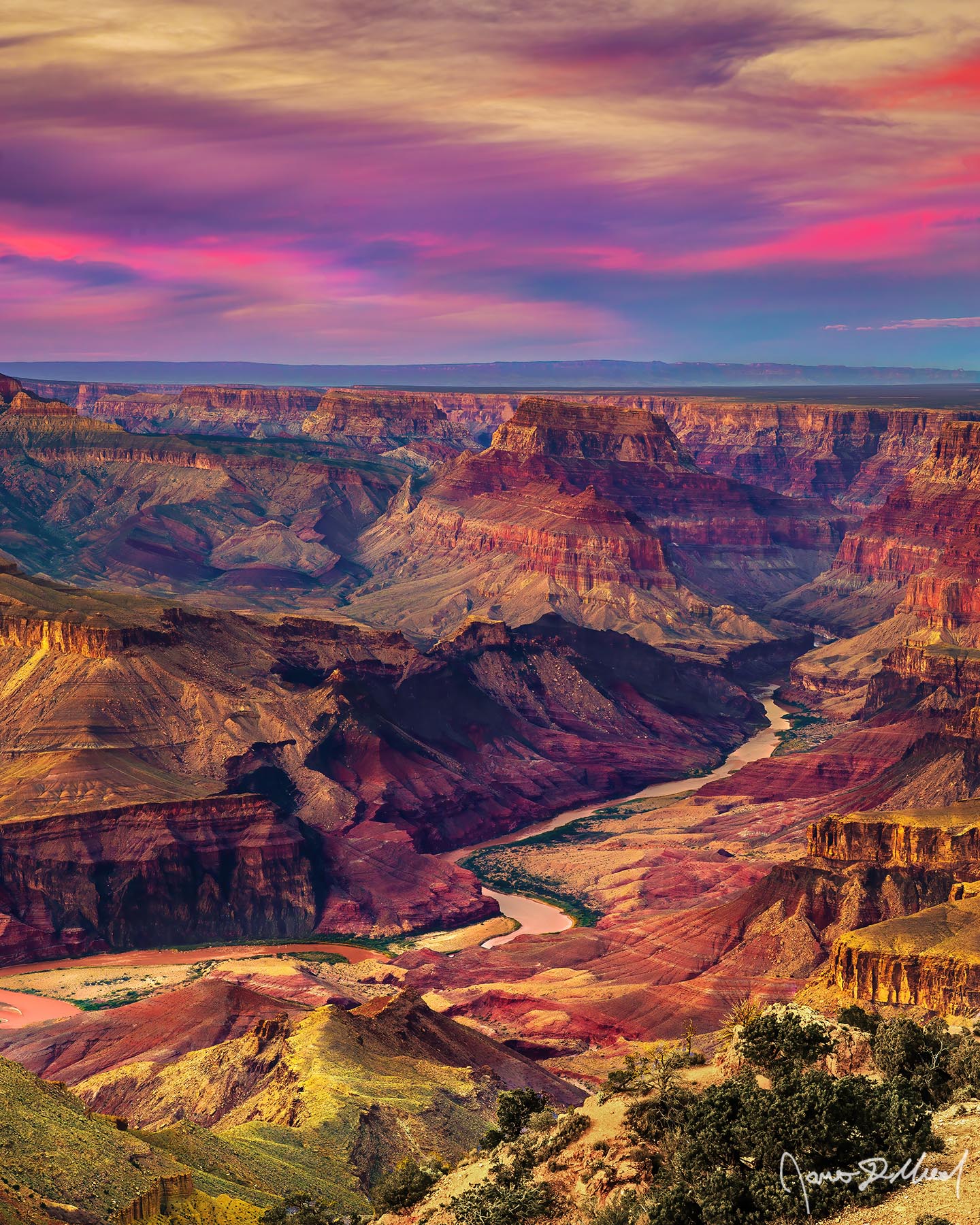 A River's Power - Sunset over the Grand Canyon, the Colorado River and the Palisades of the Desert Desert View, the Colorado River and the Palisades of the Desert at Sunset as the powerful Colorado River cuts through the sandstone and other rocks.