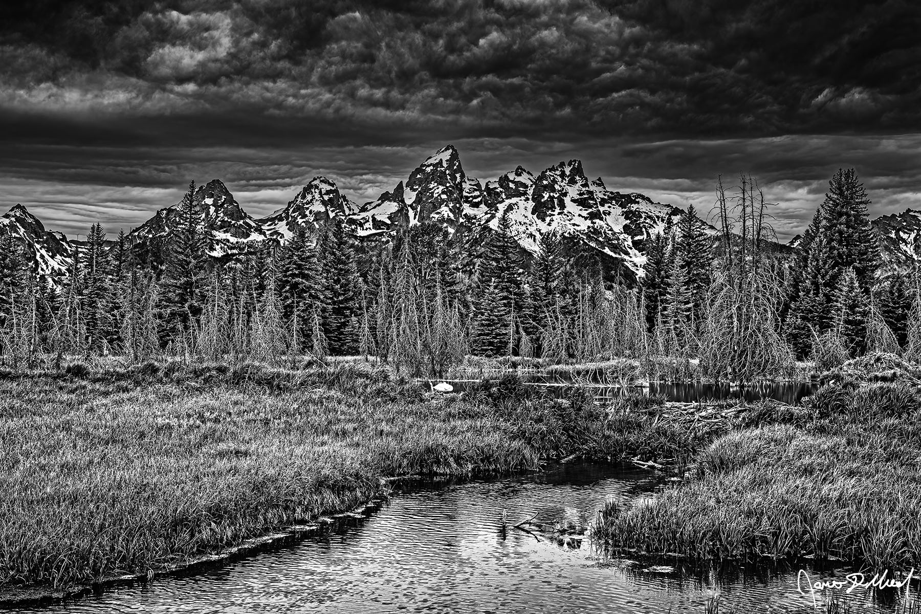 Instability - Black and White Photo of the Cathedral Group and Beaver Ponds at Schwabacher Landing Black and White photo of a beaver bam along the Snake River as morning storm clouds during the golden hour blanket the skies above the Cathedral Group.