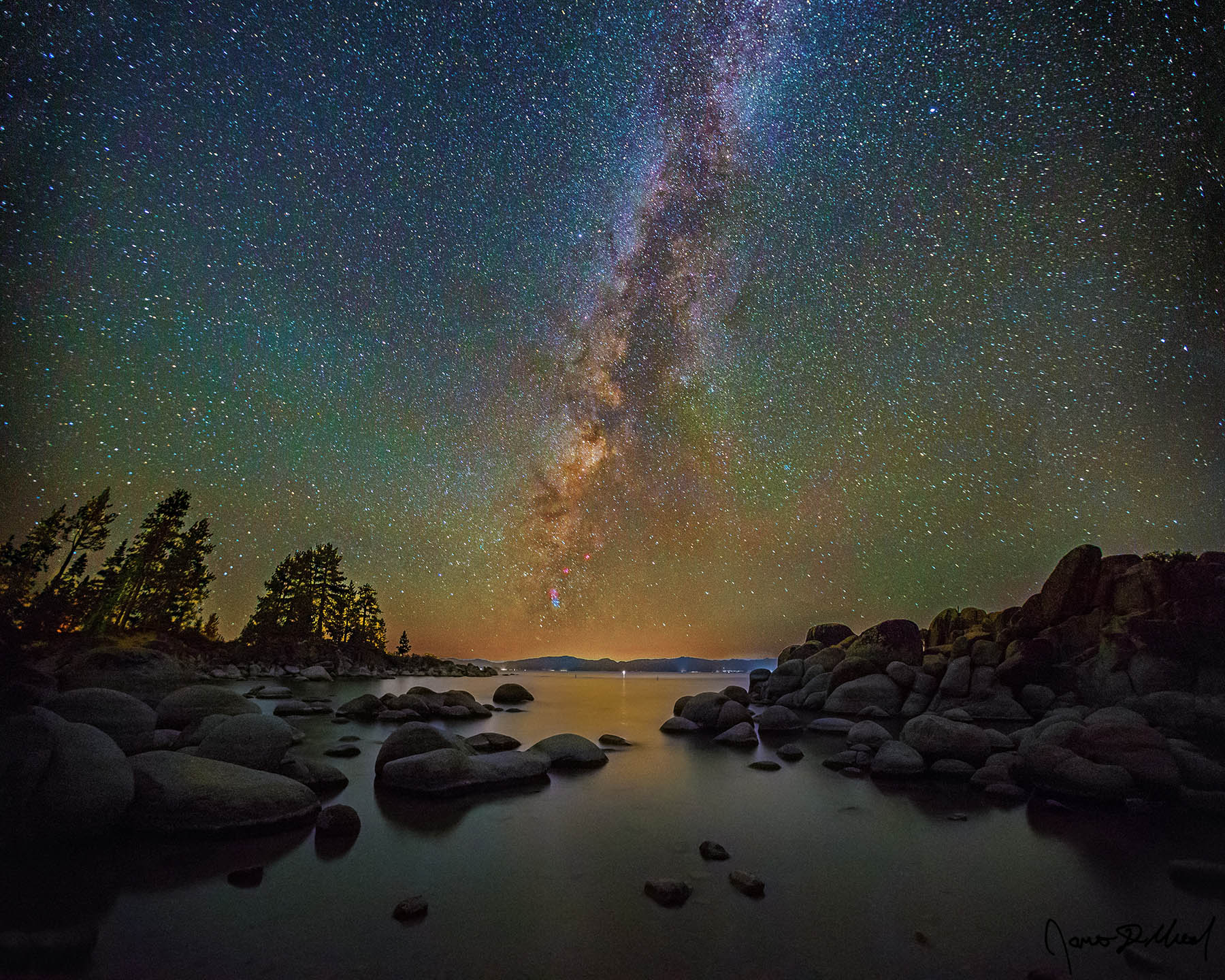 Rock Haven - Sand Harbor Milky Way and Airglow over Diver's Cove, Lake Tahoe, and the Sierra Nevada The Milky Way rises high into the sky above a Rocky Cove at Sand Harbor on Lake Tahoe.