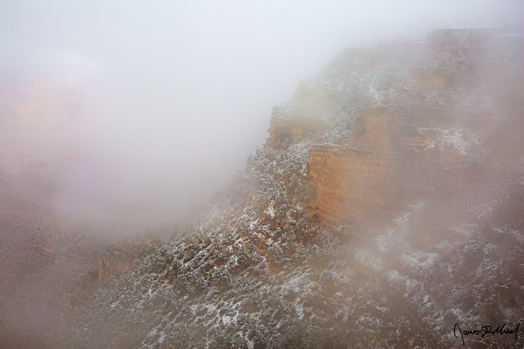 Curtain Call - Winter Temperature Inversion in Garden Creek Canyon and the Snow Covered Grand Canyon Snow lines the Grand Canyon during a winter storm as a temperature inversion (thermal inversion, cloud inversion) begin to partially fill garden creek canyon.