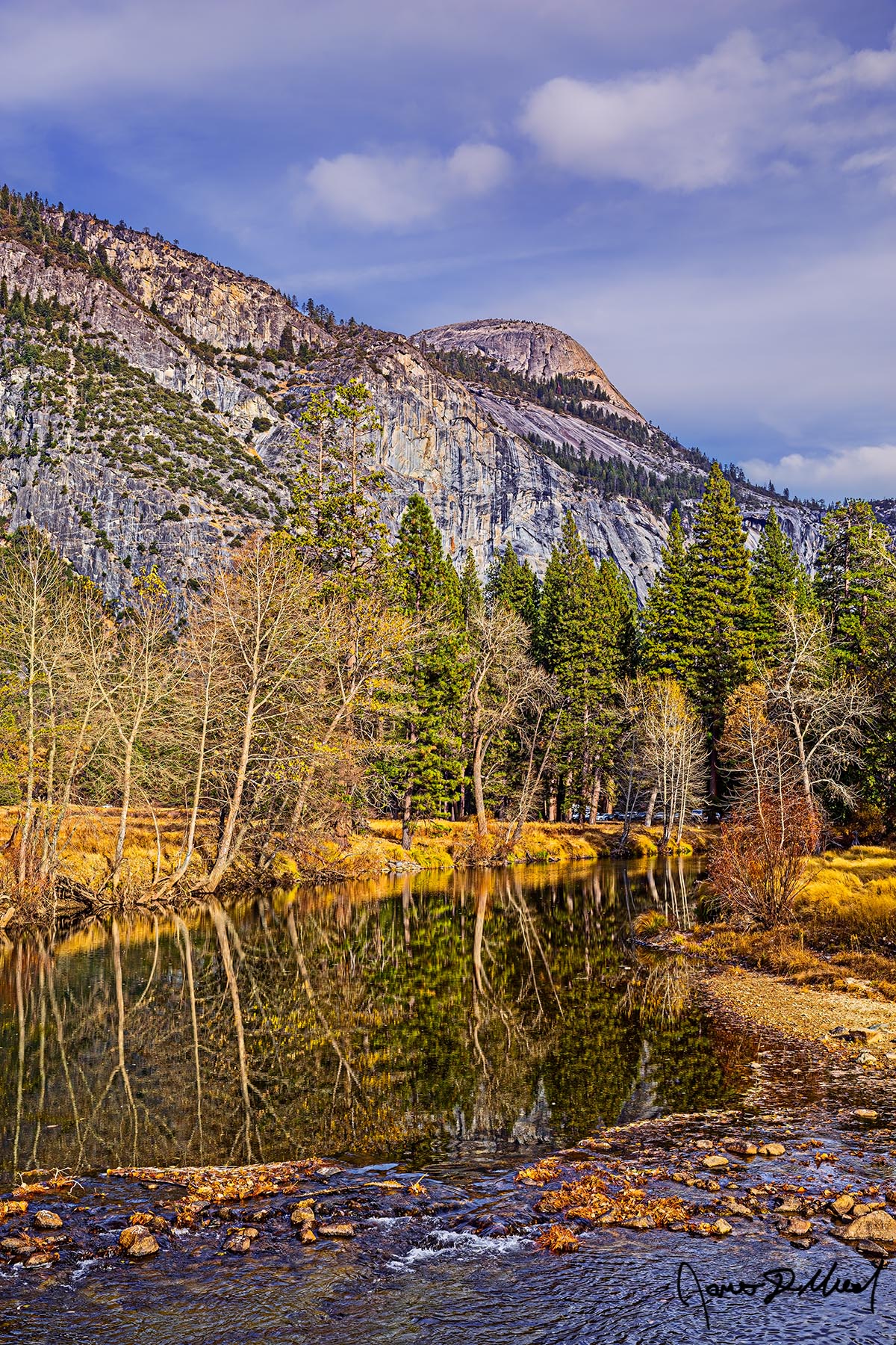 Pace of Nature North Dome and the trees along the river bank of the Merced River reflect in its waters late in the fall.