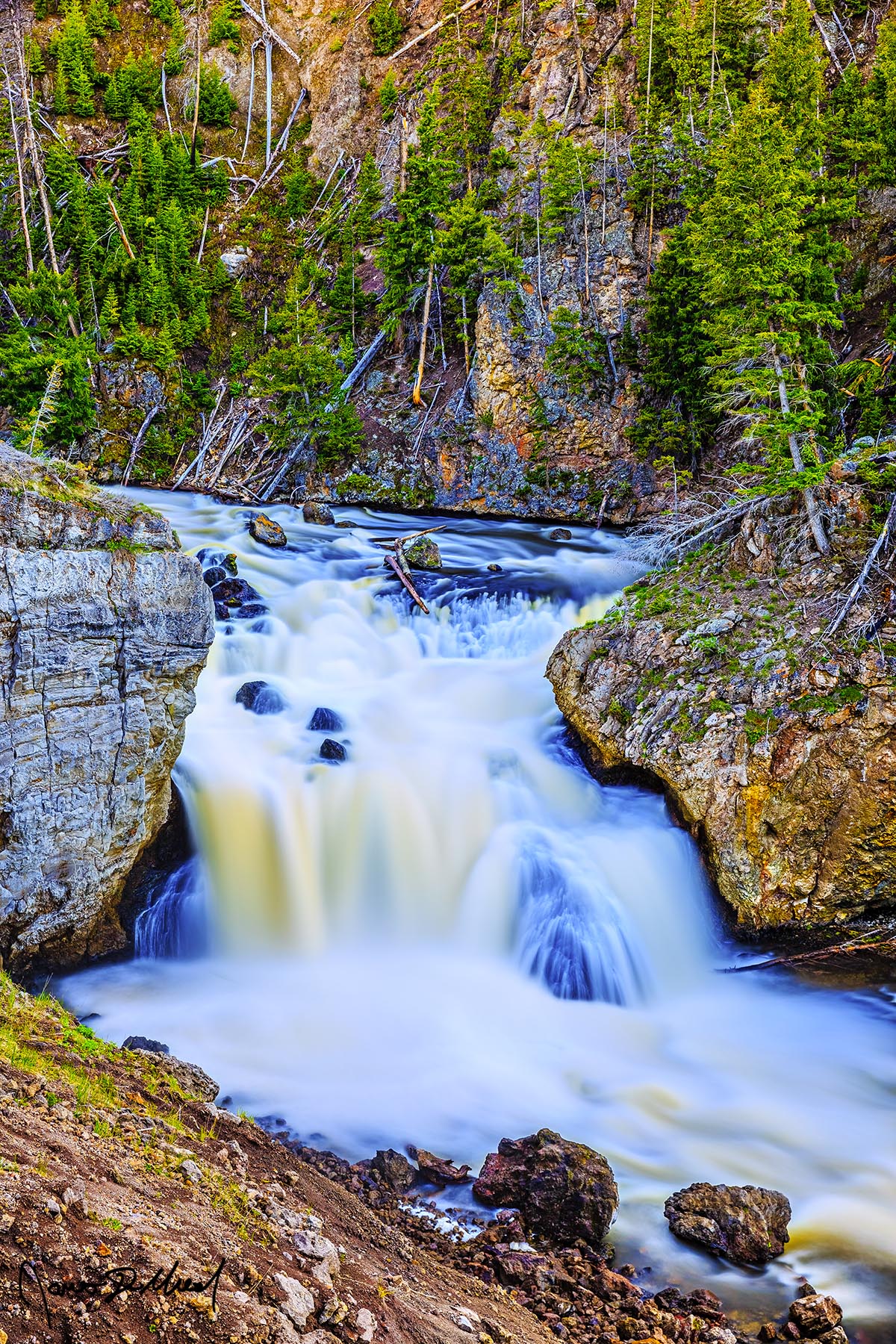 Tumbling Waters Firehole Falls cascades 40 feet over the ledge as the Firehole River makes its way through Firehole Canyon in Yellowstone National Park.