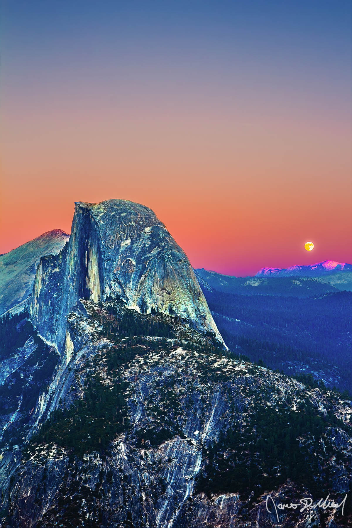 Switch Alpenglow after sunset illuminates the skies above Half Dome and Clouds Rest in soft colors as the Full Moon begins to rise above the eastern horizon.
