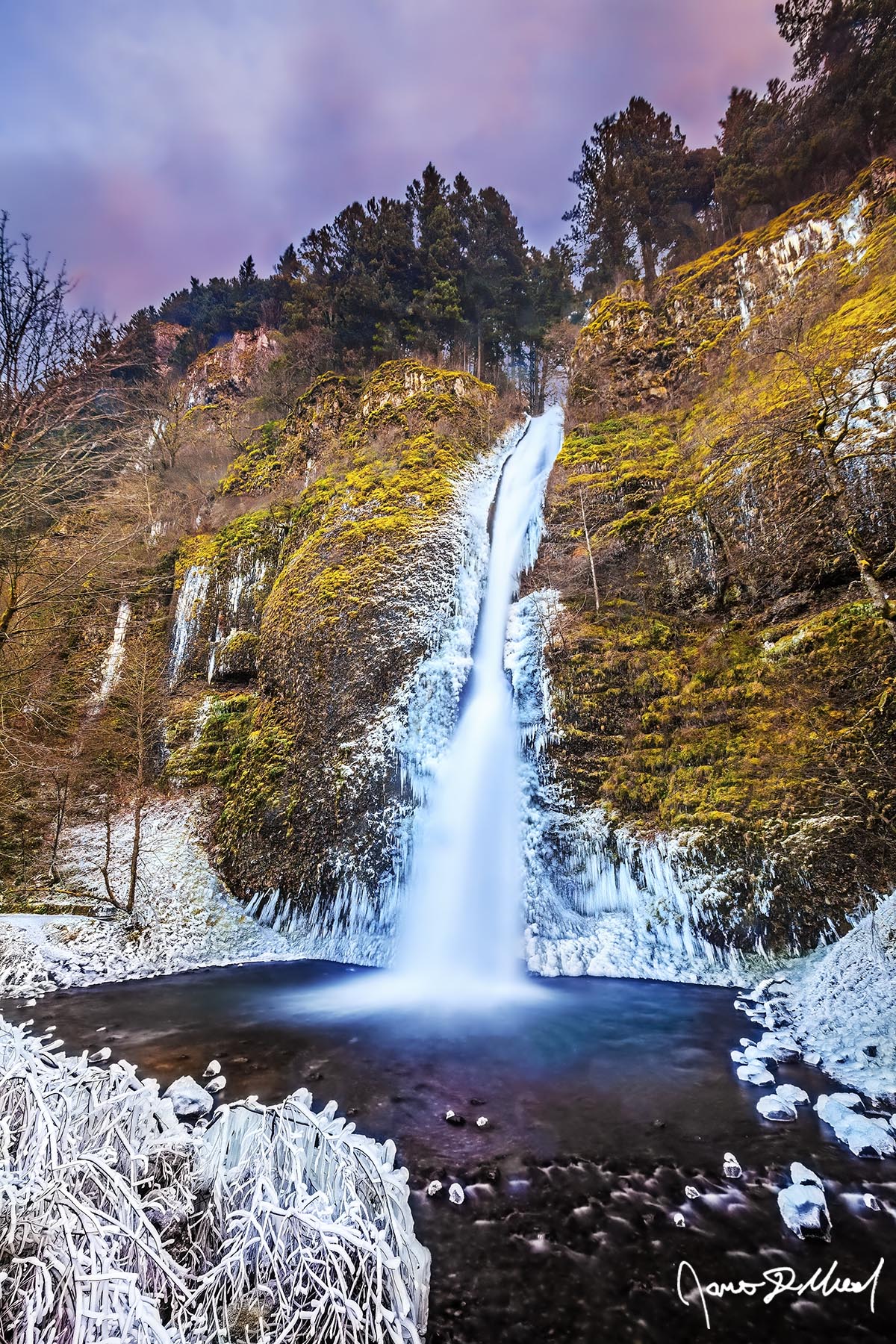 Frozen Horsetail - Ice Surrounds Horsetail Falls in Winter at Sunset, Columbia River Gorge, Oregon Winter ice clings to the basalt cliffs in the Columbia River Gorge during a cold spell, as Horsetail Falls gracefully tumbles over the cliffs.